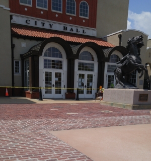Brick work continues on City Hall’s Centennial Plaza